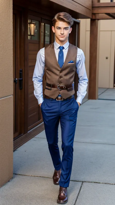 19 year old male wearing tie and lomg sleveed  button up with vest with dress pants and  3 belts
4K HIGH REZ 

Physical Description: Brown colored hair and skinny build. 5"5 and 150 LB. Blue eyes. 

.