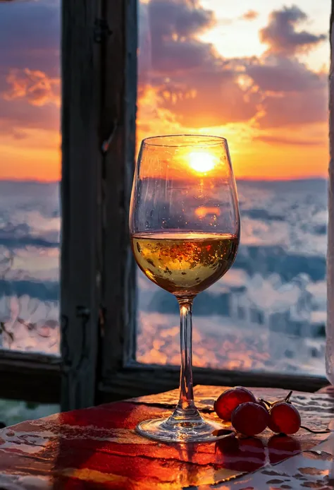 naughty man, calm countenance, with glass of wine in hand, looking at the sunset