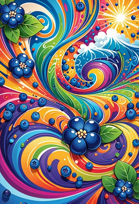 vectorial art, With many colorful blueberry illustrations, At the center, swirly vibrant colors, high détail,Hawaiian style background
