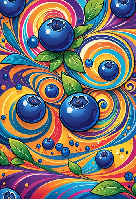 vectorial art, With many colorful blueberry illustrations, At the center, swirly vibrant colors, high détail,Hawaiian style background
