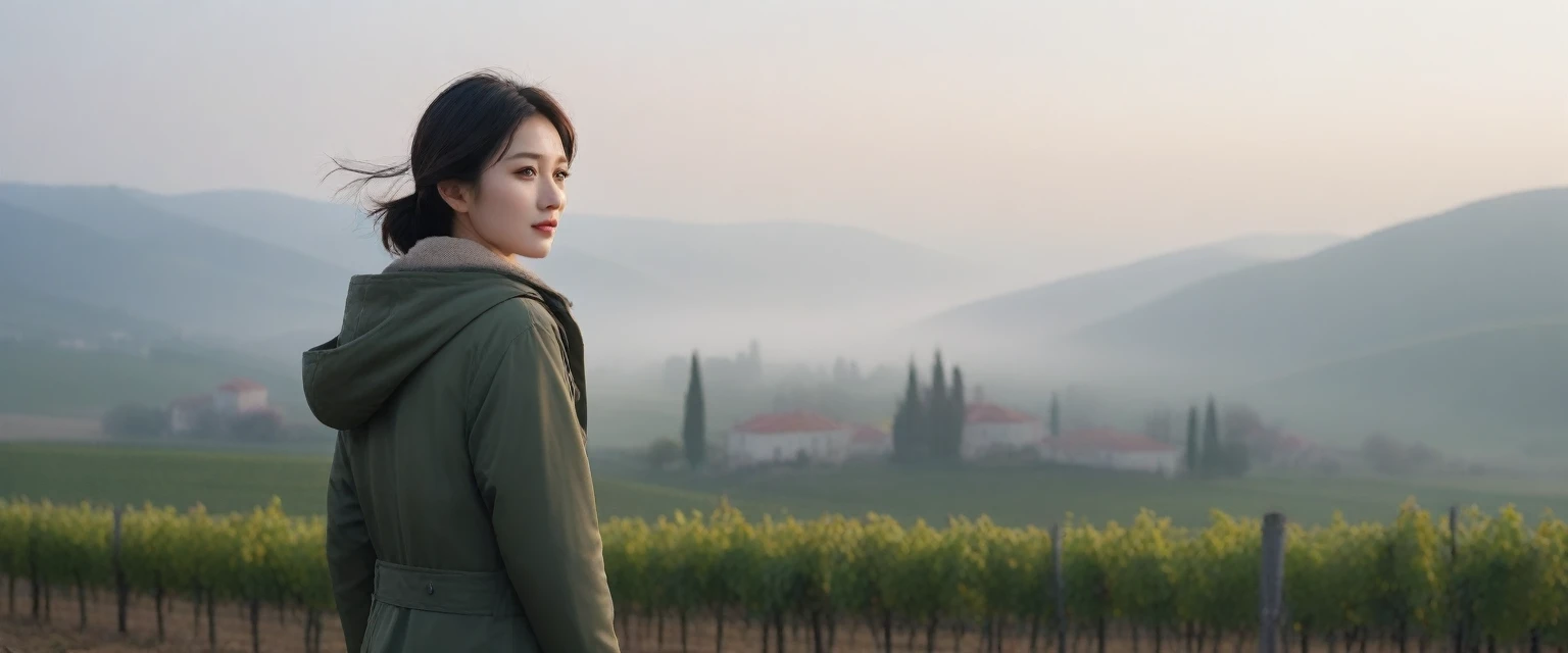 8k best picture quality, Beautiful 36-year-old Korean woman, Chest size 34 inches, The cathedral can be seen through the early morning fog past the vineyards in the Croatian countryside., The back background is realistic and vivid image quality, short and ...