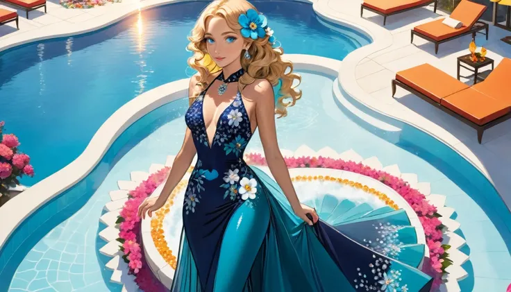 an ultra wide award winning picture of an elite glamour woman in a pool party in a high society pool on a snowy mountain, a most beautiful woman  ((anatomically correct:1.5)), blond hair, rich hair, wavy hair, deep blue eyes, wearing a bathing suit dress, ...