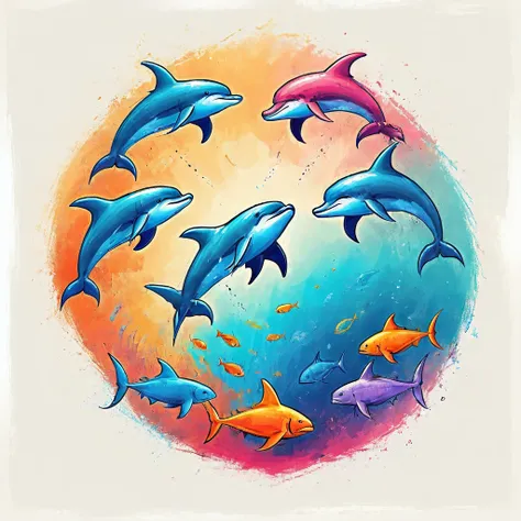 vectorial art, Colorful illustration with dolphins, sharks and fish, At the center, swirly vibrant colors，Underwater swimming background
