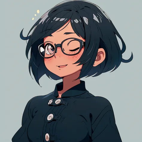 A bob-cut elementary school girl is wearing glasses, black eyes, not wearing glasses, happy with eyes closed, looking up, white skin, large breasts, looking up, black hair