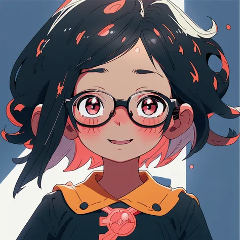 A bob-cut elementary school girl is wearing glasses, black eyes, not wearing glasses, happy with eyes closed, looking up, white skin, large breasts, looking up, black hair