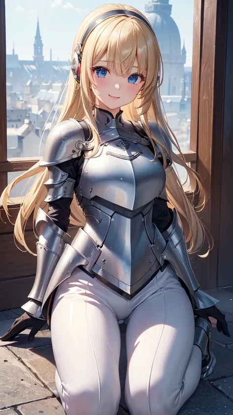 ({{masterpiece、Highest quality、Super detailed}})) 1 female、Blonde、Semi-long bob、armor、hair band、breastplate、肩armor、bangs、(armorブーツ、armorブーツ、White trousers、Hair above one eye、blue eyes、gloves、solo,(8K、Highest quality、masterpiece:1.2)、(Strong eyes) 、 Hair De...