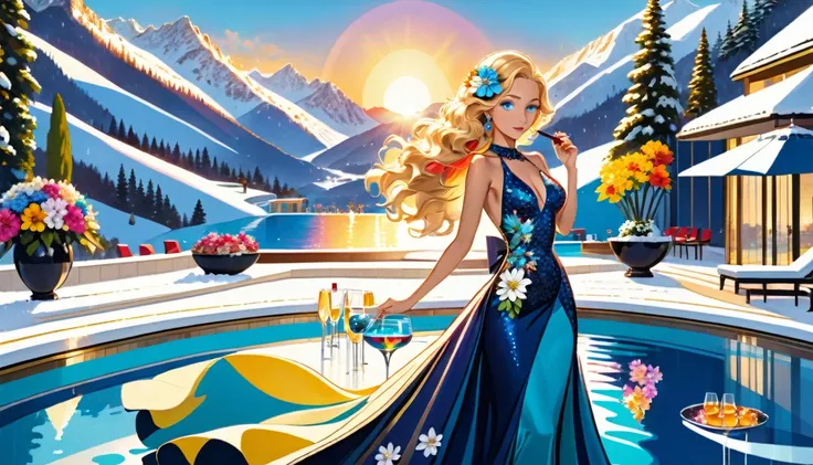 an ultra wide award winning picture of an elite glamour woman in a pool party in a high society pool on a snowy mountain, a most...