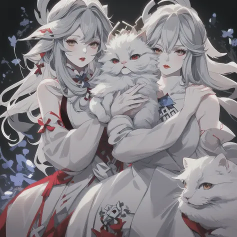 A gray-haired girl with very white skin and very red lips, wearing a white dress with blue embroidery, who is hugging a white Persian cat with black spots.