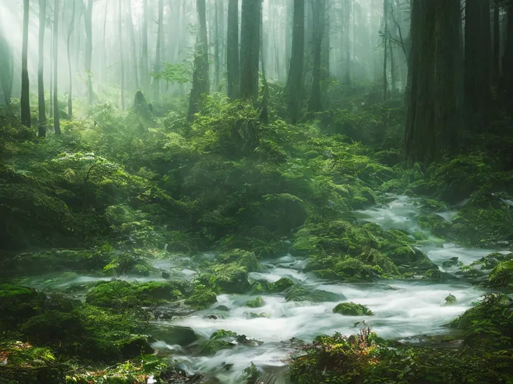 A thick forest, high chaos, dark fairytale atmosphere, volumetric light, soft sunlight, intricate work by Johan Grenier style, Alyssa Monks style