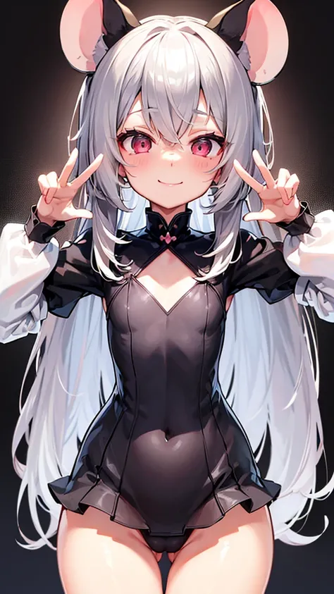 ((masterpiece))((Highest quality))Mouse Ears、girl、smile、blush、Flat Chest、Are thin、、low length、Gray Hair、blush、Are standing、Whole body image、Even your toes are visible、Eye level on face、front、No background、Mouse pose、真frontのアングル