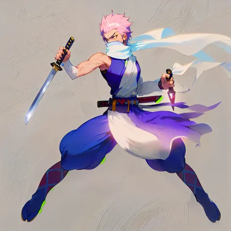 anime character with sword and scarf in a fighting pose, angry character wielding a sword, dramatic wielding sword pose, with large sword, anime style character, inspired by Kamisaka Sekka, anime in fantasy style, clean lineart and color, concept art of a ...