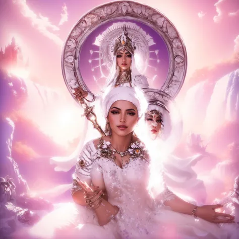 there is a woman in a white dress sitting on a rock, queen and ruler of the universe, 3 d goddess portrait, extremely detailed goddess photo, indian goddess of wealth, goddess portrait, goddess of love and peace, inspired by David LaChapelle, Aztec princes...