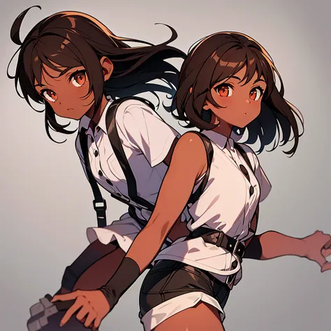 A brown skinned girl with medium dark brown hair and dark brown eyes wearing a black dress shirt with white buttons and denim shorts with light pink suspenders and arm warmers Red wine With bandages on their arms 