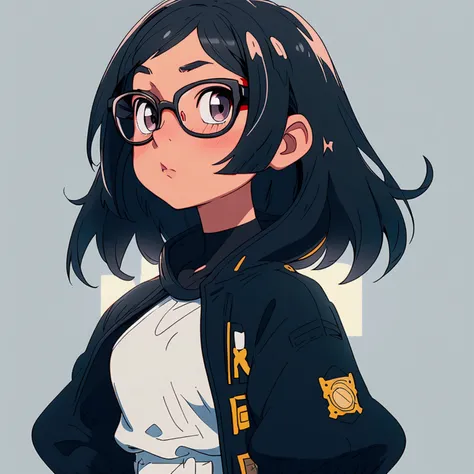 A bob cut elementary school girl is wearing glasses, black eyes, not wearing glasses, poses to look at the camera and kiss, looks up, white skin, big breasts, looking up, black hair