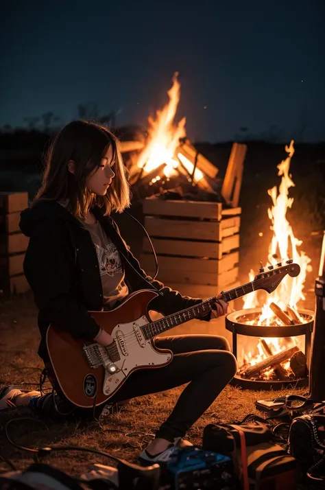 Electric guitars around a bonfire at night 