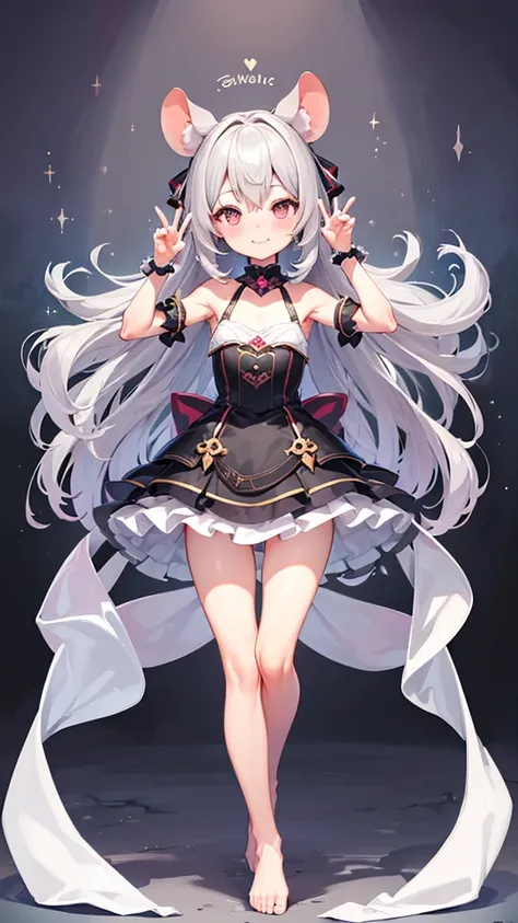 ((masterpiece))((Highest quality))Mouse Ears、girl、smile、blush、Flat Chest、Are thin、、low length、Gray Hair、blush、Are standing、Whole body image、Even your toes are visible、Eye level on face、front、No background、Mouse pose、真frontのアングル