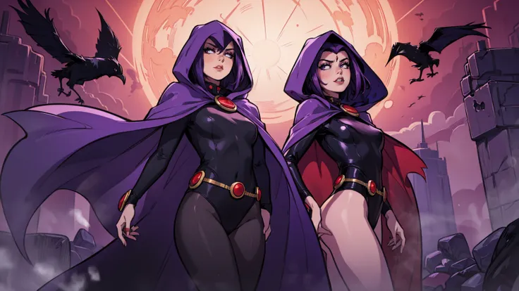 illustration of Raven from DC Comics, 1 girl, Raven, high collar, collant preto, black cloack, hooded cloak, cabelo roxo, testa jeauel, purples eyes, shorth hair, waist belt, stretched skin, standing, neckleace, toned, pose, natta , moonlights, ((posando))...