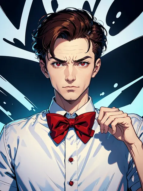 portrait of a close up of a poster with a man. his hands is up and fingers towards us, he is making hypnosis.He has Red eyes and white short hair, wearing white, his hands up and a bow tie. he is making hypnosise with his hand. Dracula style. comics anime ...