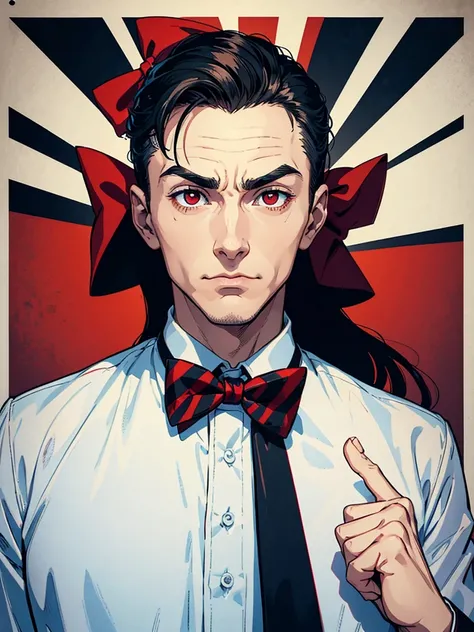 portrait of a close up of a poster with a man. his hands is up and fingers towards us, he is making hypnosis.He has Red eyes and white short hair, wearing white, his hands up and a bow tie. he is making hypnosise with his hand. Dracula style. comics anime ...