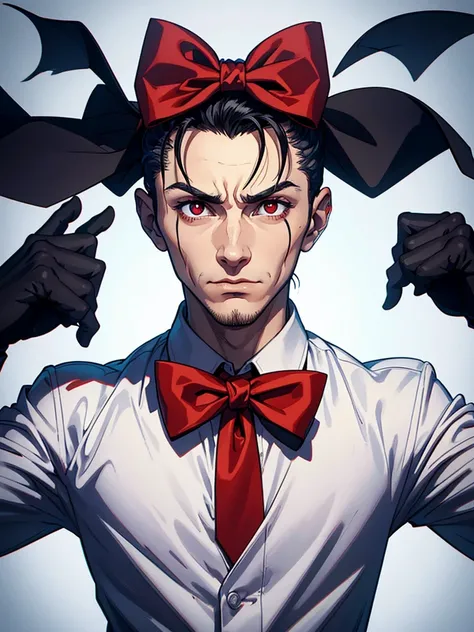 portrait of a close up of a poster with a man. his hands is up and fingers towards us, he is making hypnosis.He has Red eyes and white short hair, wearing white, his hands up and a bow tie. he is making hypnosise with his hand. Dracula style. comics anime ...