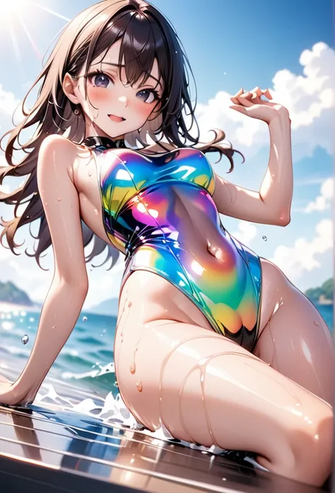 ((swimsuit costume)), ((swimsuit sides see-through)), ((The swimsuit is a vivid color)), holographic fabric, skindentation, skinny, solo, 1 woman, Masterpiece, highest quality, highest quality, 16K, incredibly absurd, highly detailed, 2.5D, ai-generated, d...