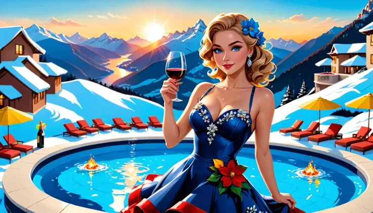 an ultra wide award winning picture of an elite glamour woman in a pool party in a high society pool on a snowy mountain, a most beautiful woman  ((anatomically correct:1.5)), blond hair, rich hair, wavy hair, deep blue eyes, wearing a bathing suit dress, ...