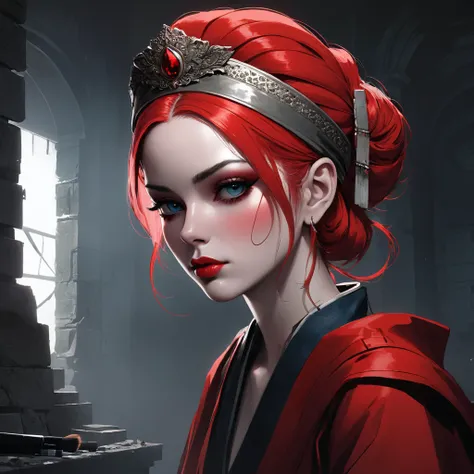 Portrait of laurence bedard,Dramatic lighting, putting makeup on, Illustration by Greg rutkowski,Ruins toot, Dark, Highly detailed face, The headband is red ,yoji shinkawa, 8K, Digital art, concept-art, trending on artstation