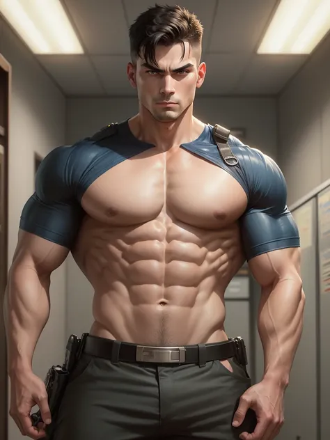 Muscle man, dark hair, with police uniform, shirtless, serious face. The setting is a police station.