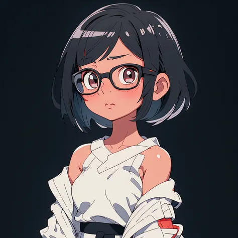 Elementary school girl with bob cut wearing glasses, white background, black eyes, not wearing glasses, kissing pose, looking up, white skin, large breasts, looking up, black hair, naked, bare shoulders, emphasizing breasts