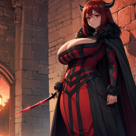 A woman wearing heavy black armor with ruby ​​detailing, black metal bracelet, black metal boots, wearing a horned helm, large breasts, long black fur cape, red auburn hair, ruby ​​red eyes, holding a sword red with ruby, standing upright, red aura, red li...