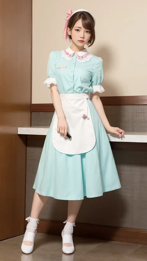 (One woman), short bob, 28 years old, Japanese, brown eyes, brown hair, slim figure, flat chest, flushed, flushed cheeks, flushed face BREAK ///Fashions Retro Diner Waitress Outfit This outfit is inspired by classic American diners from the 1950s, The wait...