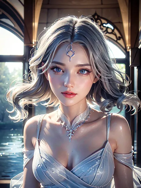 a woman with beautiful features, long grey hair, wearing a pure white dress, high quality, photorealistic, detailed portrait, extremely detailed face, beautiful eyes and lips, long eyelashes, well-proportioned body,  perfect perspective, masterpiece, 8K, p...