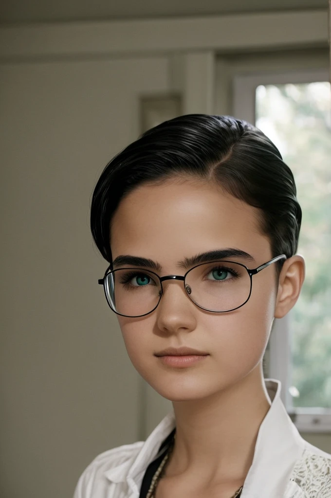 (realisitic. 2010 modern ambience. not too much yellow exposure light. pale light*) (work of art, best qualityer:1.2), Kizi, front face, standing alone. short black hair, Pixie. Kizi, very clear and crystalline green eyes, wearing Harry Potter glasses. she...