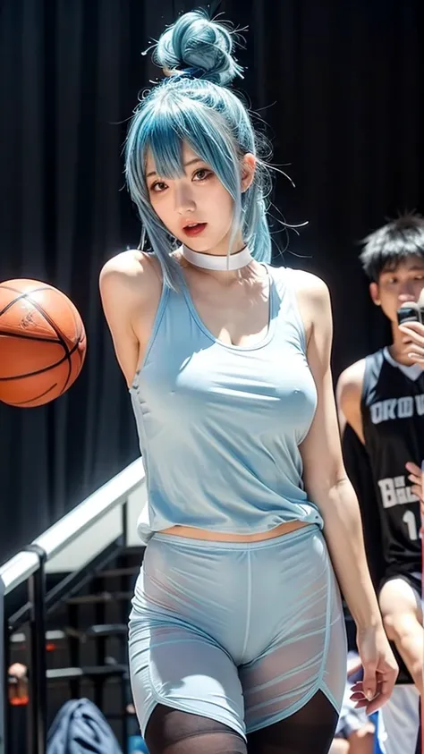 basketball、Sheer tank top、Big Tits、Transparent nipples、See-through underwear、pantyhose/stockings、basketball、stage、Light blue hair