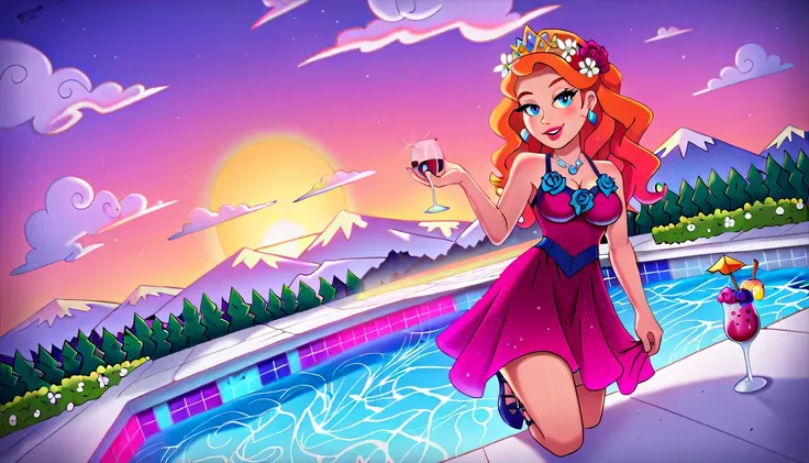 an ultra wide award winning picture of an elite glamour woman in a pool party in a high society pool on a snowy mountain, a most beautiful woman  ((anatomically correct:1.5)), blond hair, rich hair, wavy hair, deep blue eyes, wearing a bathing suit dress, ...