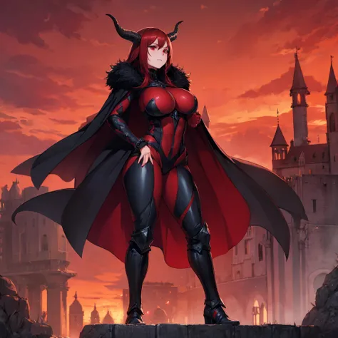 A woman wearing heavy black armor with ruby ​​detailing, black metal bracelet, black metal boots, wearing a horned helm, large breasts, long black fur cape, red auburn hair, ruby ​​red eyes, holding a sword red with ruby, standing upright, red aura, red li...