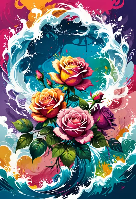 vectorial art, Colorful illustration with roses, At the center, swirly vibrant colors, paint splashes and smears, high détail,Hawaii Background
(work of art, best qualityer, proffesional, perfect composition, very aesthetic, absurdrez, super verbose, detai...