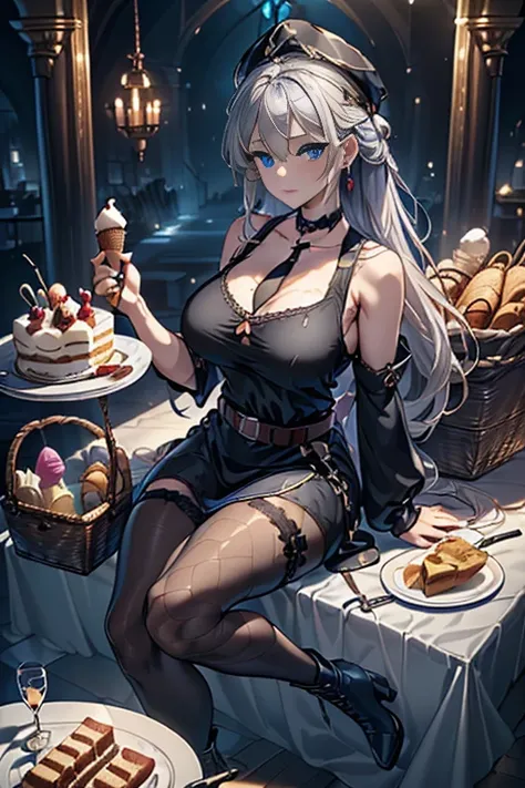 (perky chest:1.2), (pointed chest:1.2),(icecream magazine cover:1.3),(from above:1.2),(shoot from the side:1.1),(((Black Tunic:1.3))),(((cakes and bread in the basket),a 23yo Cute and beautiful girl,masterpiece、highest quality、Very detailed、Beautiful fine ...