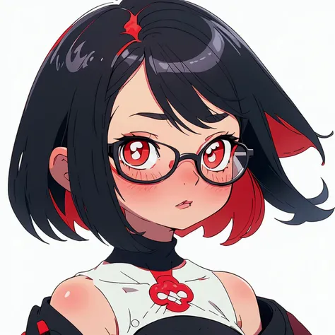 Sexy girl with bob cut wears glasses, white background, black eyes, face waiting for kiss, white skin, big breasts, looking up, black hair, bare shoulders, highlighting breasts, parted lips, red cheek