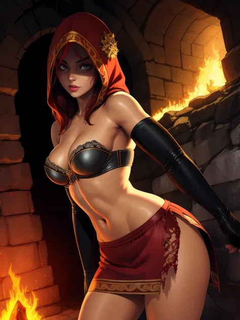 Dsorceress, redhair, shadowy face,dark cave, fire, hood, shadowed face, strapless bra, slim and athletic body, miniskirt, no panty, elbow gloves, dark skin, 1 girl (insanely detailed, masterpiece, best quality)