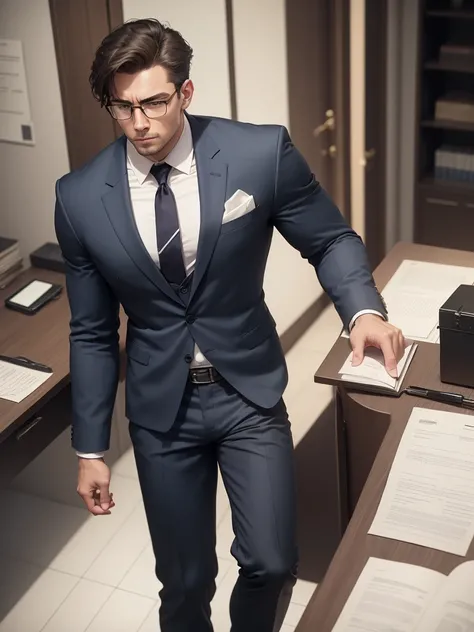 Handsome and muscular man, is lawyer, wears a formal suit without a shirt, With glasses. The setting is a law office.