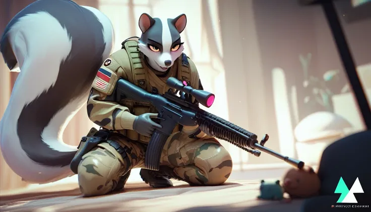 Kemono Modern Warfare Anime Setting: A Skunk Goddess Sniper Mercenary, (One Character), Features: skunk with distinctive black-and-white stripes, tactical sniper gear, camouflage outfit, sharp sniper rifle, plush tail), Skin Tone: Charcoal grey), (Eye Colo...