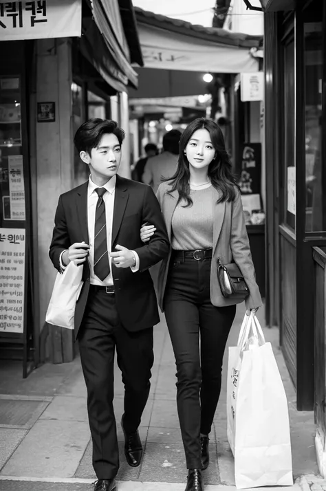 Korean couple、Town、Being spoiled、Handsome Men and Beautiful Women、Date、Monochrome