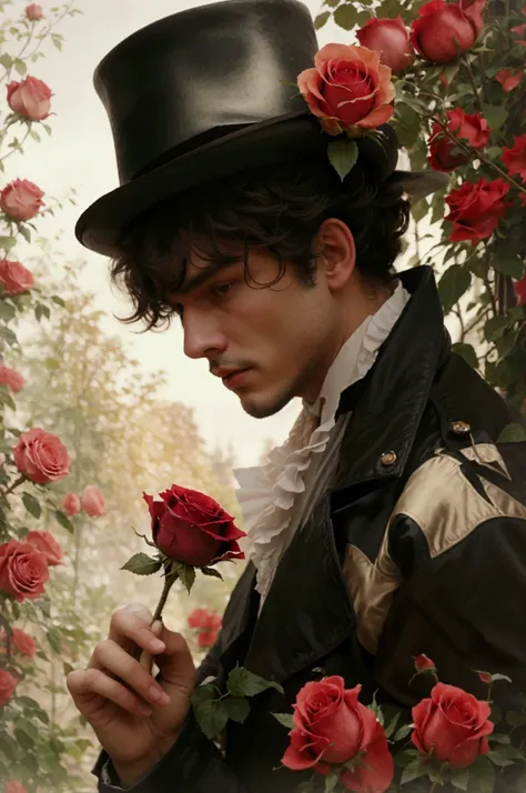 there is a man in a hat and coat holding a rose, inspired by Ivan Kramskoi, romanticism portrait, inspired by Eugene von Guerard, inspired by Théodore Chasseriau, inspired by Francesco Hayez, melanchonic rose soft light, holding a rose, inspired by Édouard...