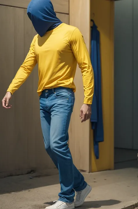 Tall humanoid, with no face, long and thick arms, yellow shirt and blue pants