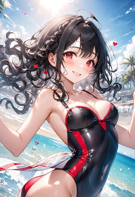 (pov Swimwear style) (beautiful body), (solo:2, 15 yo, curly:1.3 black hair long hair cute girl, ecstasy red eyes, ecstasy smile, love mode, medium tits), (in a Double exposure one piece bustier swimsuit), break, in the Swimsuit contest venue, background d...