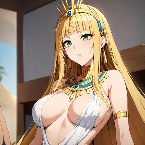 ((Highest quality)), ((masterpiece)), (detailed), （Perfect Face）、The woman is a Tiare, with green eyes, medium-long blonde hair, and is wearing the luxurious ancient Egyptian royal attire of Cleopatra, the queen of ancient Egypt.