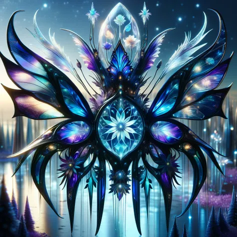 Superb masterpiece, dynamic, Great quality, Blue-purple midnight fairy, Small humanoid, Delicate and elegant appearance, Transparent iridescent wings, Pointy Ears, A playful and mischievous look, Nature-inspired clothing, Magic Accessories, nature, charity...