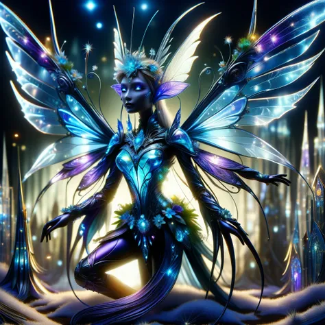 Superb masterpiece, dynamic, Great quality, Blue-purple midnight fairy, Small humanoid, Delicate and elegant appearance, Transparent iridescent wings, Pointy Ears, A playful and mischievous look, Nature-inspired clothing, Magic Accessories, nature, charity...