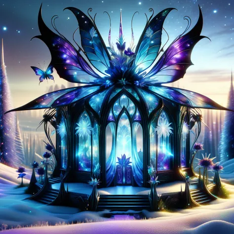 Superb masterpiece, dynamic, Great quality, Blue-purple midnight fairy, Small humanoid, Delicate and elegant appearance, Transparent iridescent wings, Pointy Ears, A playful and mischievous look, Nature-inspired clothing, Magic Accessories, nature, charity...